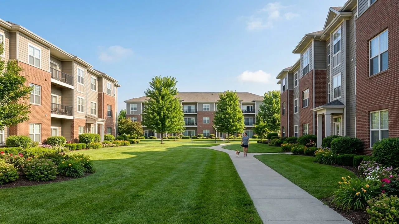 The same apartment community lawn clean and welcoming after a United Pooper Scoopers visit