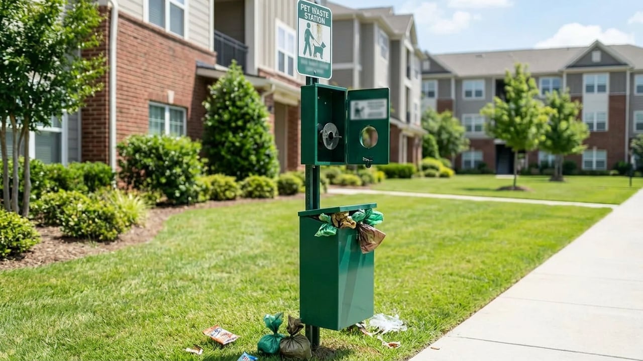 A neglected pet waste station with an overflowing bin, bags on the ground, and an empty dispenser