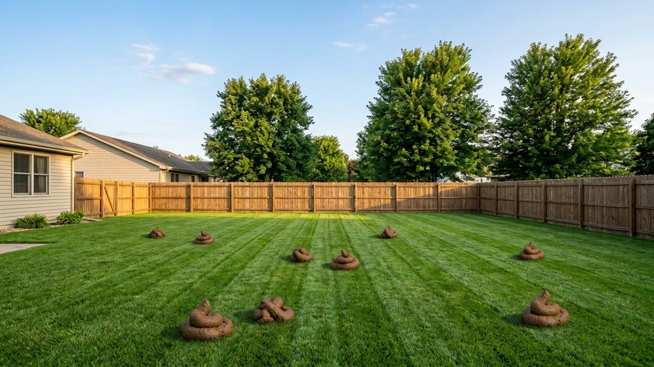 Backyard lawn scattered with piles of dog waste before a professional cleanup